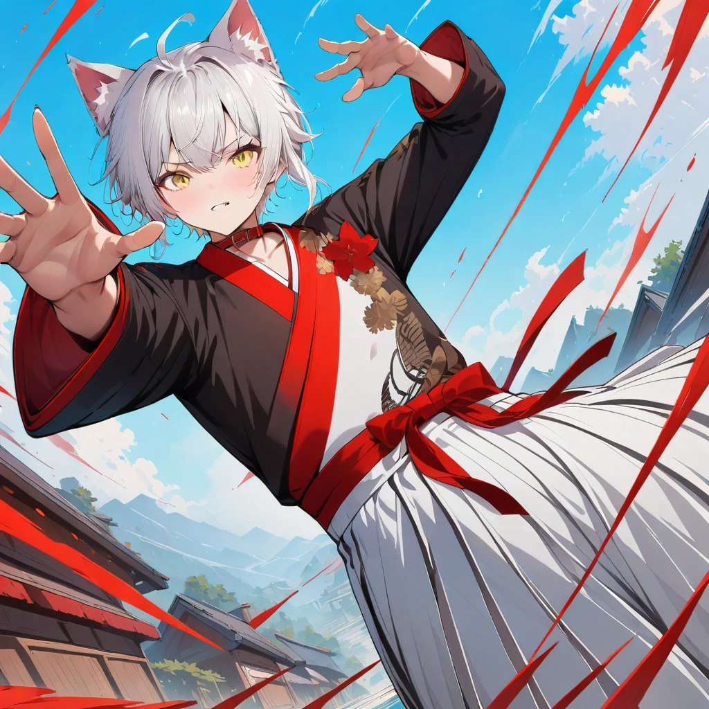 (masterpiece, best quality:1.2),chip_boy,1boy,red lapel,white hakama skirt,white half_kimono,black kimono,dark sleeves,animal ears,ahoge,white hair,yellow eyes,dynamic pose,dynamic angle,