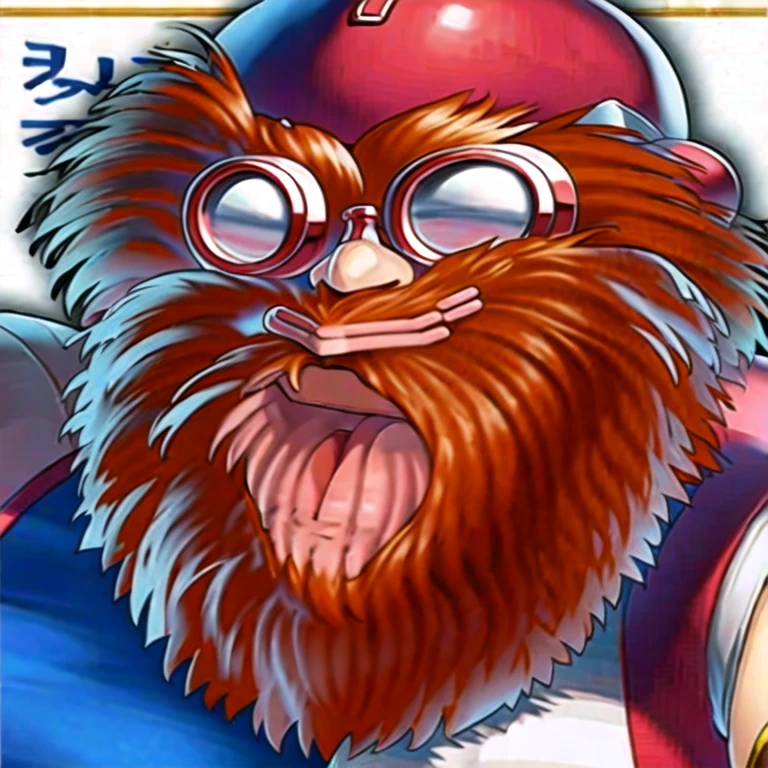 (masterpiece, best quality:1.2,pure white background,2d,anime style),1boy,solo,cid \(final fantasy4\),hat,brown beard,shirt,glasses,looking at viewer,red gloves,smile