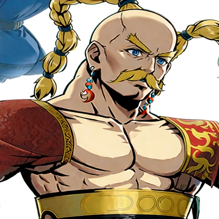 (masterpiece, best quality:1.2,pure white background,2d,anime style),1boy,solo,yang \(final fantasy\),antenna hair,blonde hair,blue eyes,braid,muscular,mustache,topless male,lloking at viewer,smile,shoulder tattoo