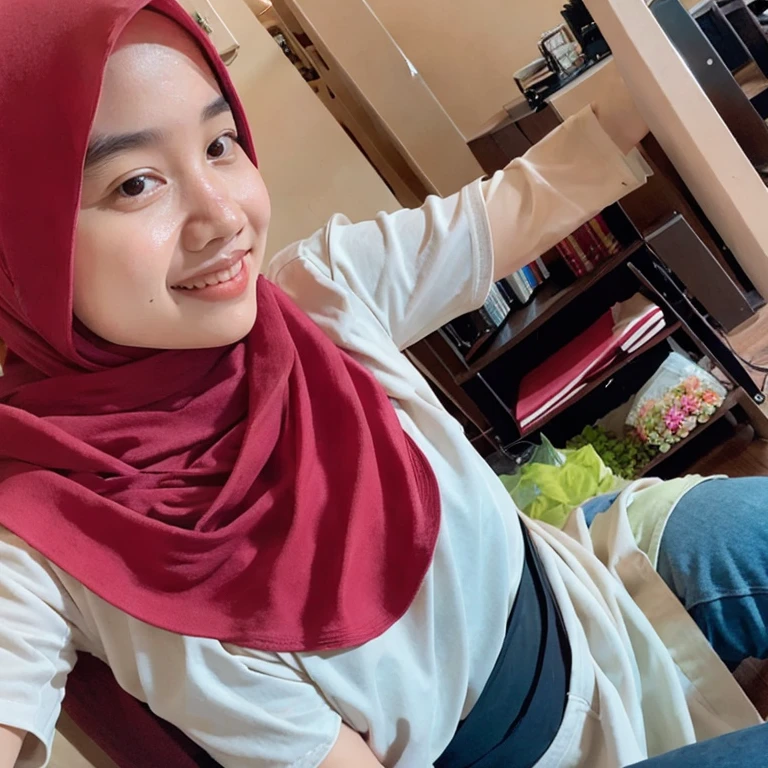 (masterpiece, best quality:1.2), 1girl, solo, wearing hijab, wearing croptop, smile,