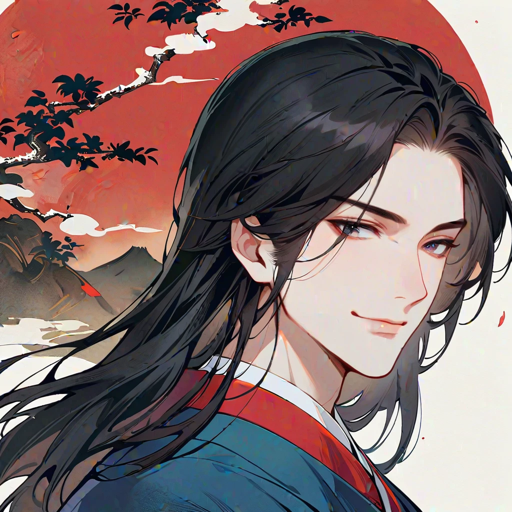 A man in a blue and red hanfu, in the style of an anime character design, in the Chinese painting style, a cartoon illustration, on a white background, an upper body portrait, with dark gray hair, the long straight black hair of a young male protagonist with an evil smile