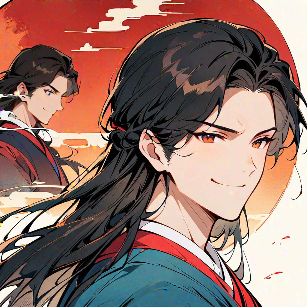 A man in a blue and red hanfu, in the style of an anime character design, in the Chinese painting style, a cartoon illustration, on a white background, an upper body portrait, with dark gray hair, the long straight black hair of a young male protagonist with an evil smile