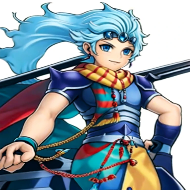 (masterpiece, best quality:1.2,pure white background,2d,anime style),1boy,solo,ceodore \(final fantasy\),blue eyes,armor,scarf,earrings,jewelry,aqua hair,looking at viewer,smile,forehead decoration