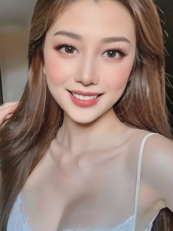 (realistic、masterpiece、Best Quality、8K、highres、high resolution:1.3)、1 girl、smile, Huge breasts、white bikini、pale white skin、looking at viewers、super fine face and eyes、long hair、indoor、 upper body、