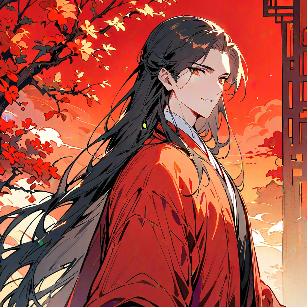 A stunning anime male avatar with long hair, red Hanfu attire, Chinese style background, exquisite facial features, handsome and majestic demeanor, gorgeous colors, red theme, high resolution, perfect details.