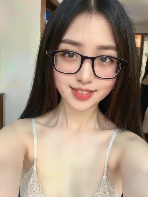 (realistic、masterpiece、Best Quality、8K、highres、high resolution:1.3)、1 glasses girl、smile, Huge breasts、white bikini、pale white skin、looking at viewers、super fine face and eyes、long hair、indoor、 upper body、