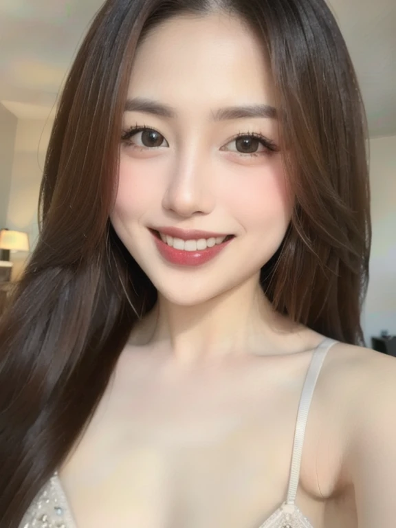 (realistic、masterpiece、Best Quality、8K、highres、high resolution:1.3)、1 girl、Huge breasts、smile, white bikini、pale white skin、looking at viewers、super fine face and eyes、long hair、indoor、 upper body、