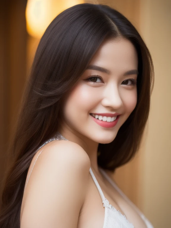 (realistic、masterpiece、Best Quality、8K、highres、high resolution:1.3)、1 glasses girl、Huge breasts、smile, white bikini、smile, pale white skin、looking at viewers、super fine face and eyes、long hair、indoor、 upper body、