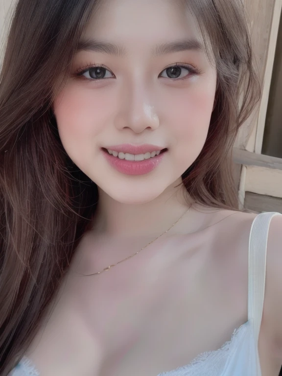 (realistic、masterpiece、Best Quality、8K、highres、high resolution:1.3)、1 glasses girl、smile, Huge breasts、white bikini、pale white skin、looking at viewers、super fine face and eyes、long hair、indoor、 upper body、