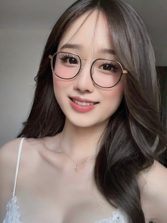 (realistic、masterpiece、Best Quality、8K、highres、high resolution:1.3)、1 glasses girl、smile, Huge breasts、white bikini、pale white skin、looking at viewers、super fine face and eyes、long hair、indoor、 upper body、