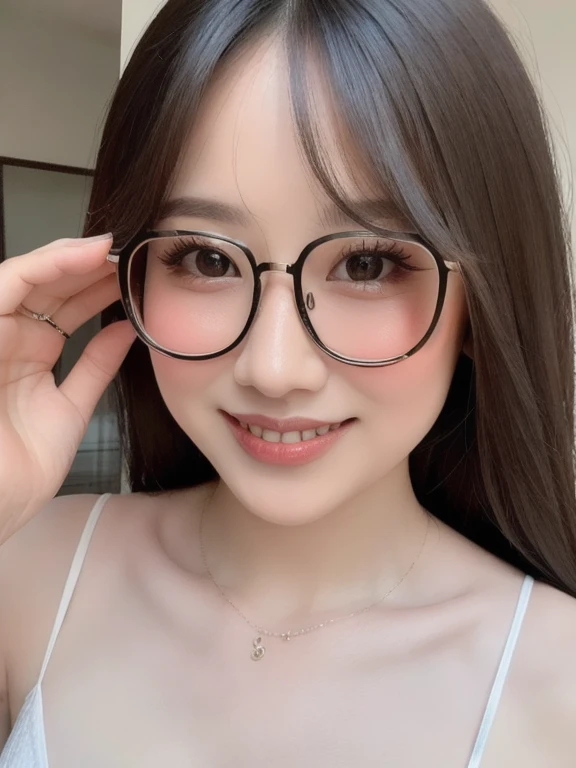 (realistic、masterpiece、Best Quality、8K、highres、high resolution:1.3)、1 glasses girl、smile, Huge breasts、white bikini、pale white skin、looking at viewers、super fine face and eyes、long hair、indoor、 upper body、
