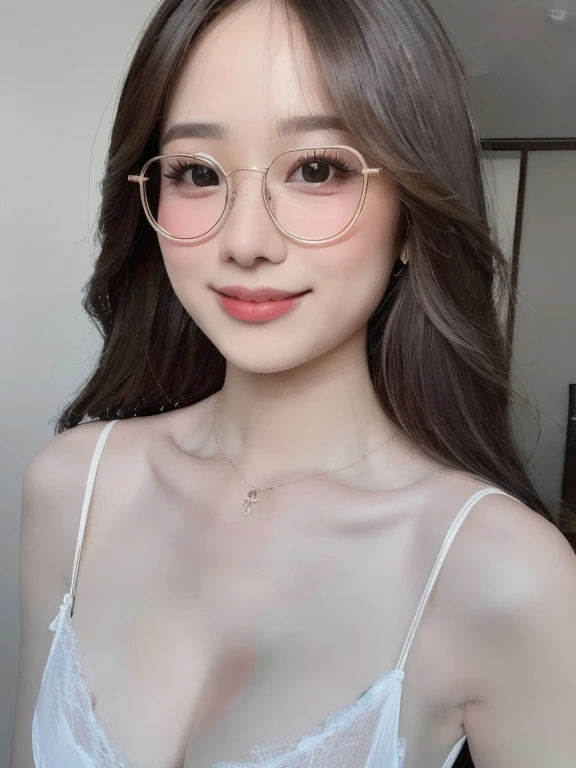 (realistic、masterpiece、Best Quality、8K、highres、high resolution:1.3)、1 glasses girl、smile, Huge breasts、white bikini、pale white skin、looking at viewers、super fine face and eyes、long hair、indoor、 upper body、