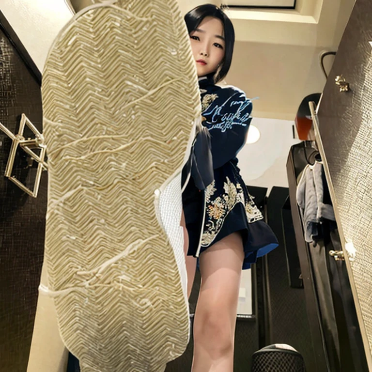 (masterpiece, best quality:1.2), 1girl, solo,足を上げた女性,あなたの上にそびえ立つ, あなたを見下している,ニヤニヤして笑う,下から見る,かわいい韓国の女の子,支配的な視線,踏みつけ,靴の裏