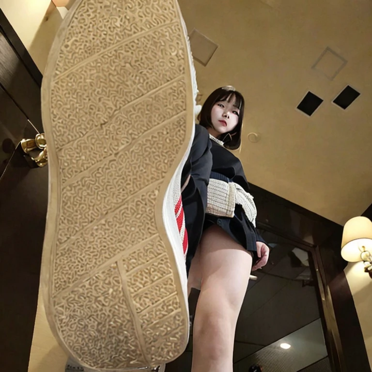(masterpiece, best quality:1.2), 1girl, solo,足を上げた女性,あなたの上にそびえ立つ, あなたを見下している,こちらを見ている,ニヤニヤして笑う,下から見る,かわいい日本の女の子,支配的な視線,踏みつけ,靴の裏