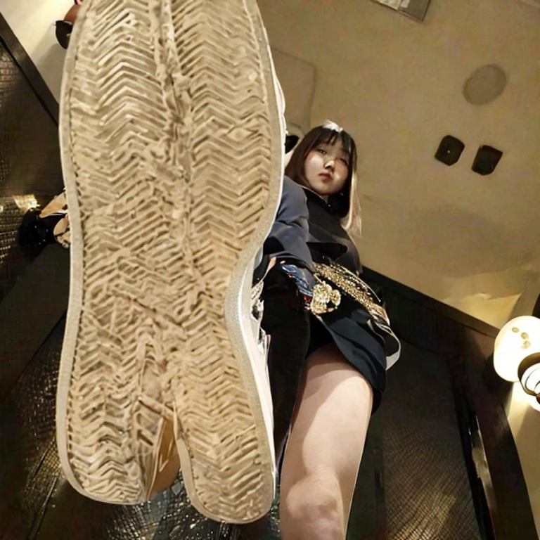 (masterpiece, best quality:1.2), 1girl, solo,足を上げた女性,あなたの上にそびえ立つ, あなたを見下している,こちらを見ている,ニヤニヤして笑う,下から見る,かわいい日本の女の子,支配的な視線,踏みつけ,靴の裏