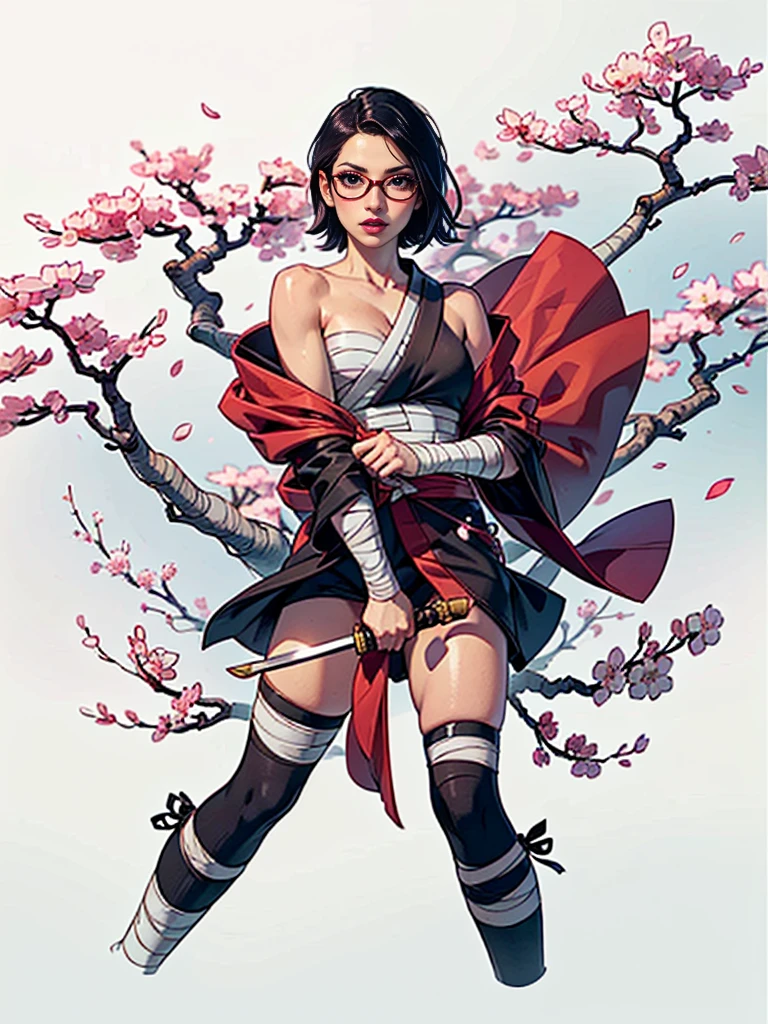 (1girl, solo, alone), (WakatsukiRisa, Sarada Uchiha, black hair, short hair, black eyes, red glasses), ((solo, (1woman, ((small bust)), pink lipstick, black eyes), Extremely detailed, ambient soft lighting, 4k, perfect eyes, a perfect face, perfect lighting, a 1girl)), ((fitness, shapely body, athletic body, toned body)), ((a drawing of a woman, kimono, holding a sword, ((sarashi, bandage)), cherry trees, cherry blossom, showing her shoulder, urban background, Tokyo))