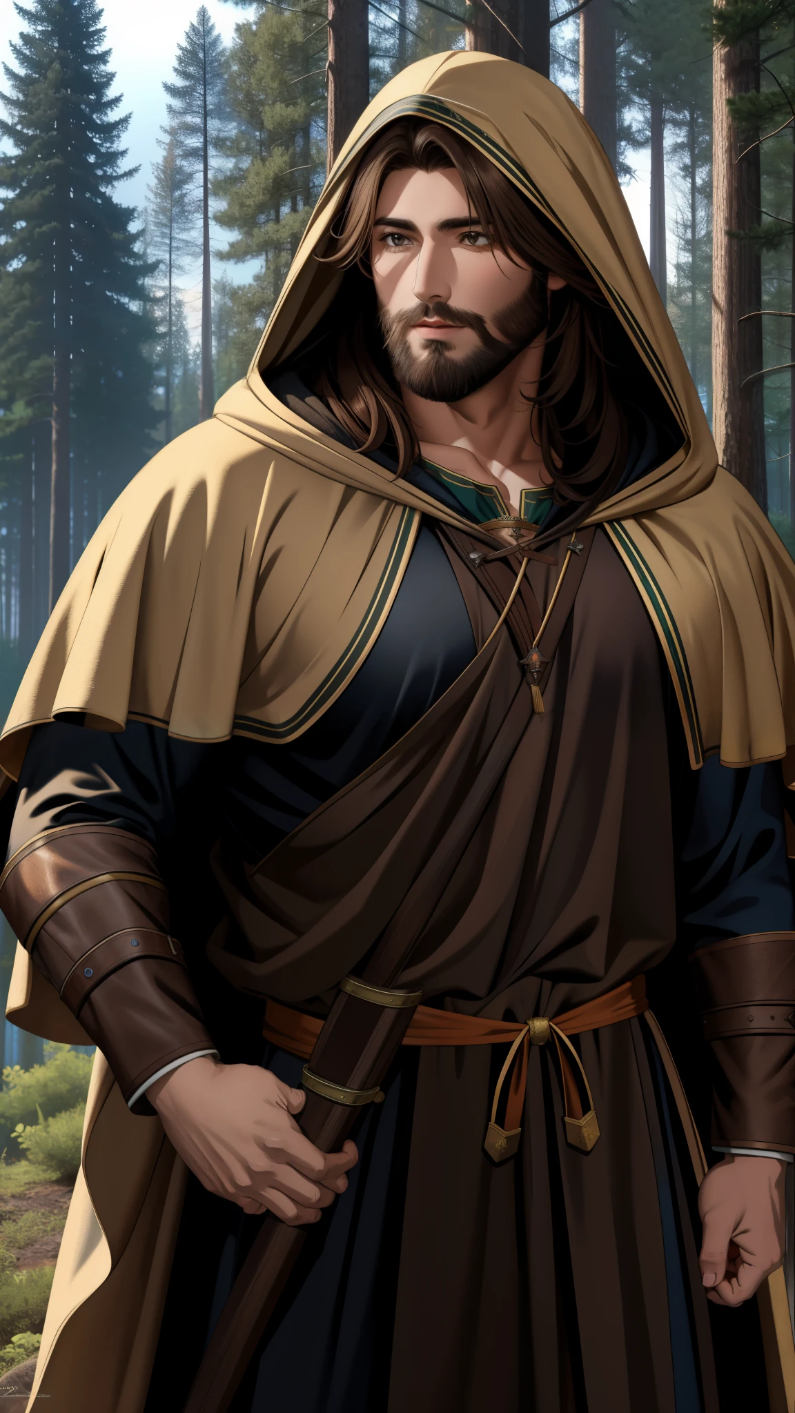 male, long brown hair, bearded, medieval druid hunter, In the middle of a dense forest at night, hooded, Medieval style, realistic, super detailed  