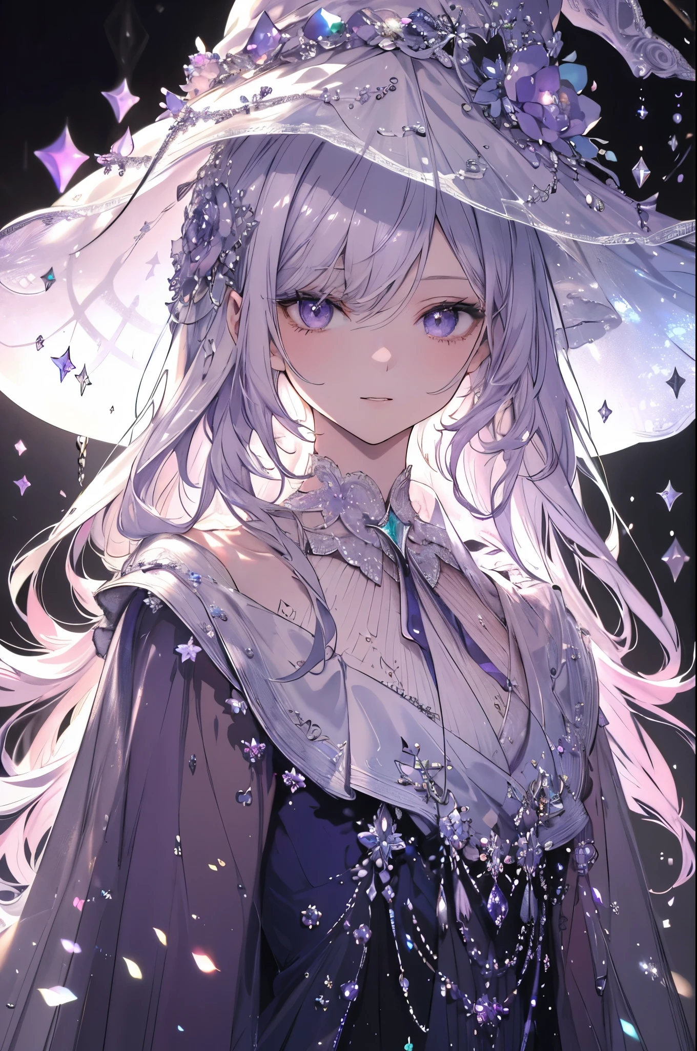 High definition RAW color art, animation,sculpture, Silver Marble Skin, (((Ultra detailed elegant))), magic atmosphere, fine skin, texture,(intricately detailed, small details, Super Detail Art), Depth of bounds written, Bokeh, Silky Touch, hyper detail, white background, (Pastel purple), beautiful eyes, elegant face, think back, witch hat, magic