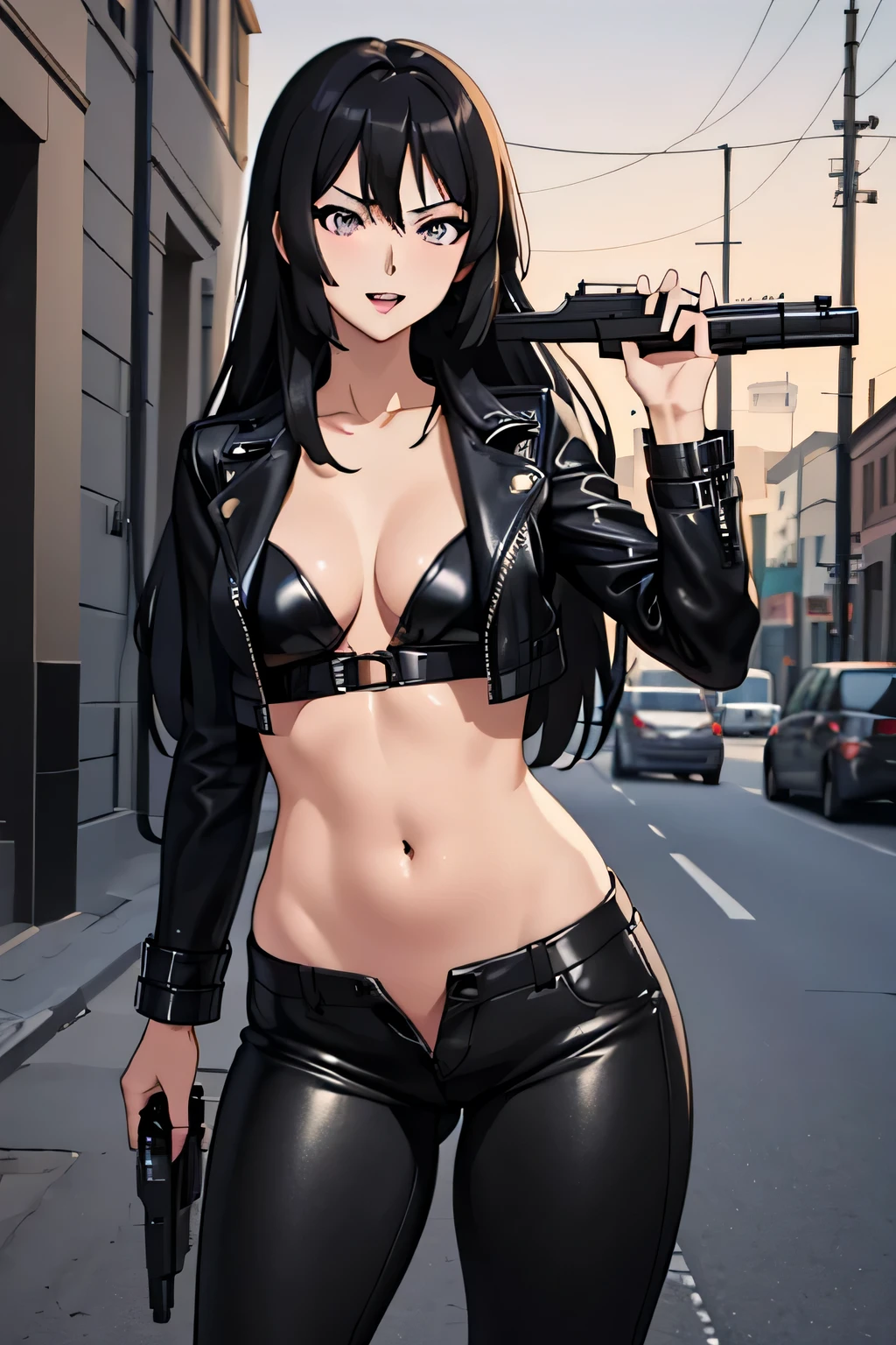 Kousaka Reine, elegant, masterpiece, best quality, highly detailed, a girls with a gun, evil smile , open mouth, sexy gaze, badass
pose , evil smile, smile, (nsfw) not safe for work, guns blazing, anime girl with long hair, beautiful long
haired girl, navel, evil expression, exposed belly, exposed navel, exposed midriff, exposed lower belly,
long black pants, crop top, cleavage, unbuttoned leather pants ,open fly, low rise black leather pants,
leather jacket, holding a gun, outdoor,street,road, navel piercing