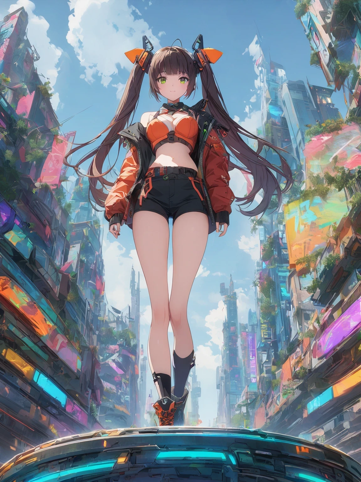 diy21，This image shows a female character in a futuristic city, Its design combines anime style and cyberpunk elements. Her costume and weapons are made of digital elements, Presenting a unique cyberpunk style. The background is an urban landscape of a futuristic city, Elements such as buildings and vehicles can be seen. This design is full of imagination and creativity, It shows a unique future urban world.
