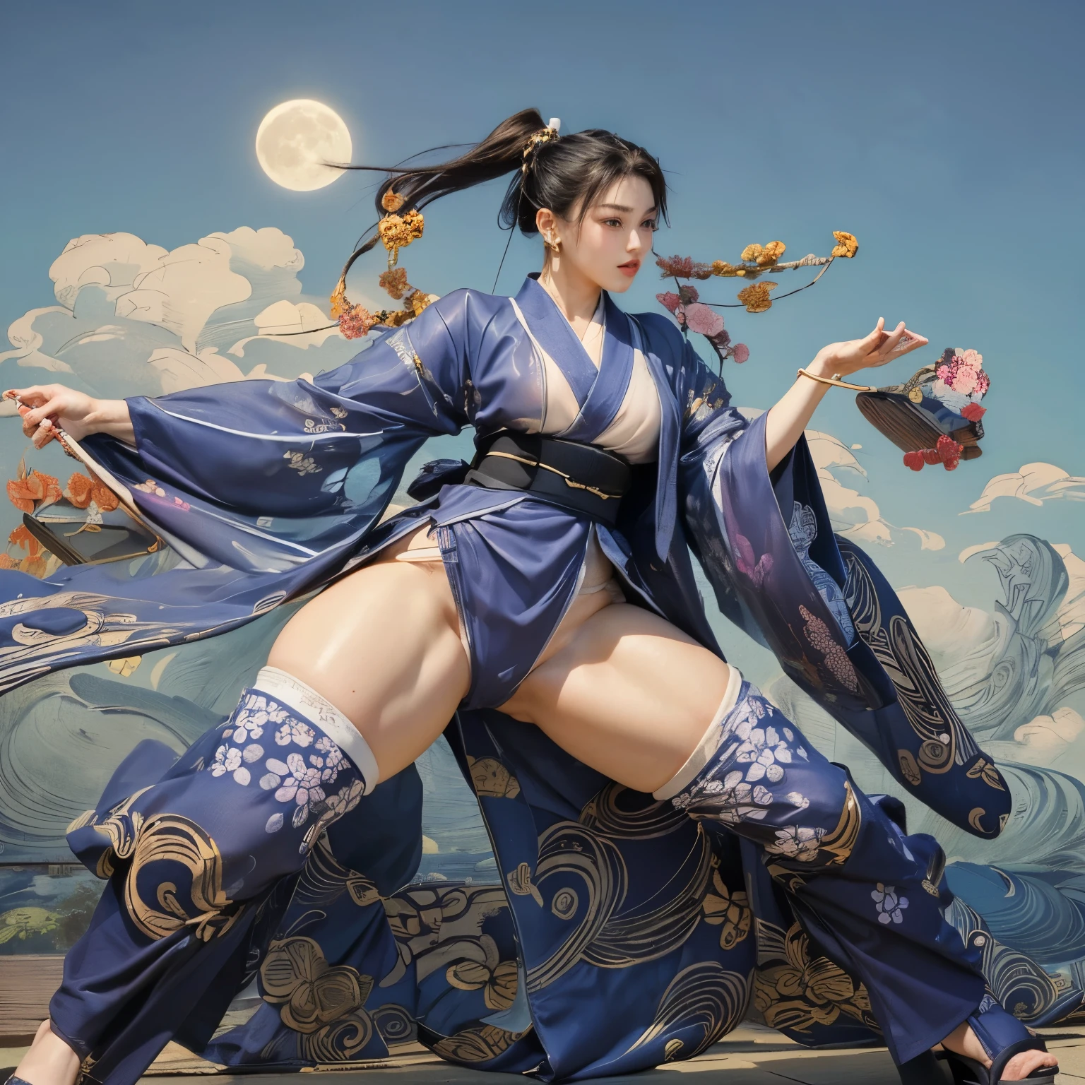 (masterpiece, top quality, best quality, official art, beauty:1.2),(The most detailed and clear facial features:2.0,Face profile:1.0) (1 Japanese Chunli:1.5), Very detailed,(Ukiyo-e艺术:1.1),(Ukiyo-e,rich and colorful:1.1)(flowers:1.3),most detailed,(Zentangle:1.2), (dynamic poses,Showing thighs:2.0), (Blue sky and white clouds moon background:1.3), (Japanese kimono:1.2,Kimono transparent:1.5), (spread legs,Create glowing skin,Camel toe pubis:1.2), (Many colors:1.4), ,(earrings:1.4),
