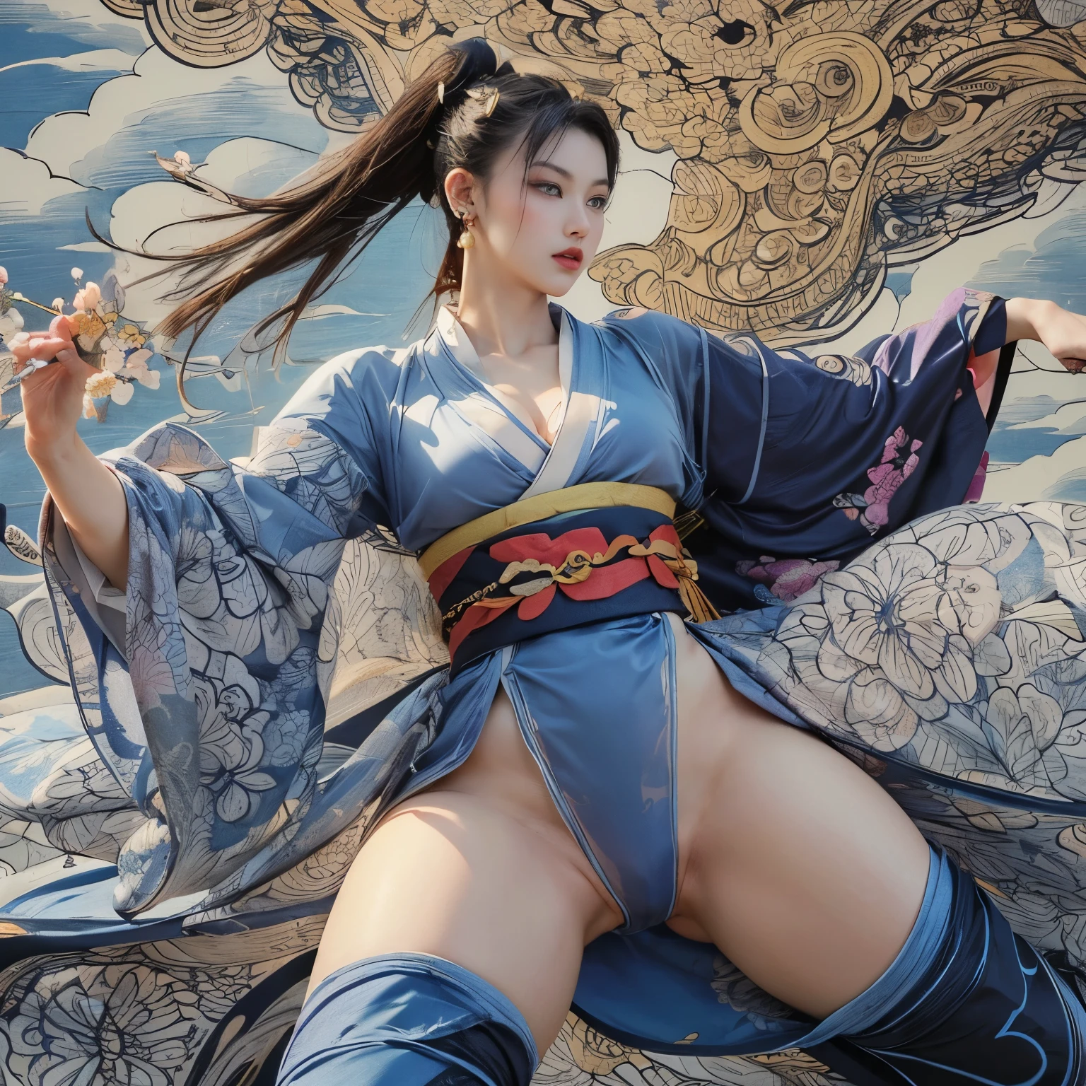 (masterpiece, top quality, best quality, official art, beauty:1.2),(The most detailed and clear facial features:2.0,Face profile:1.0) (1 Japanese Chunli:1.5), Very detailed,(Ukiyo-e艺术:1.1),(Ukiyo-e,rich and colorful:1.1)(flowers:1.3),most detailed,(Zentangle:1.2), (dynamic poses,Showing thighs:2.0), (Blue sky and white clouds moon background:1.3), (Japanese kimono:1.2,Kimono transparent:1.5), (spread legs,Create glowing skin,Camel toe pubis:1.2), (Many colors:1.4), ,(earrings:1.4),