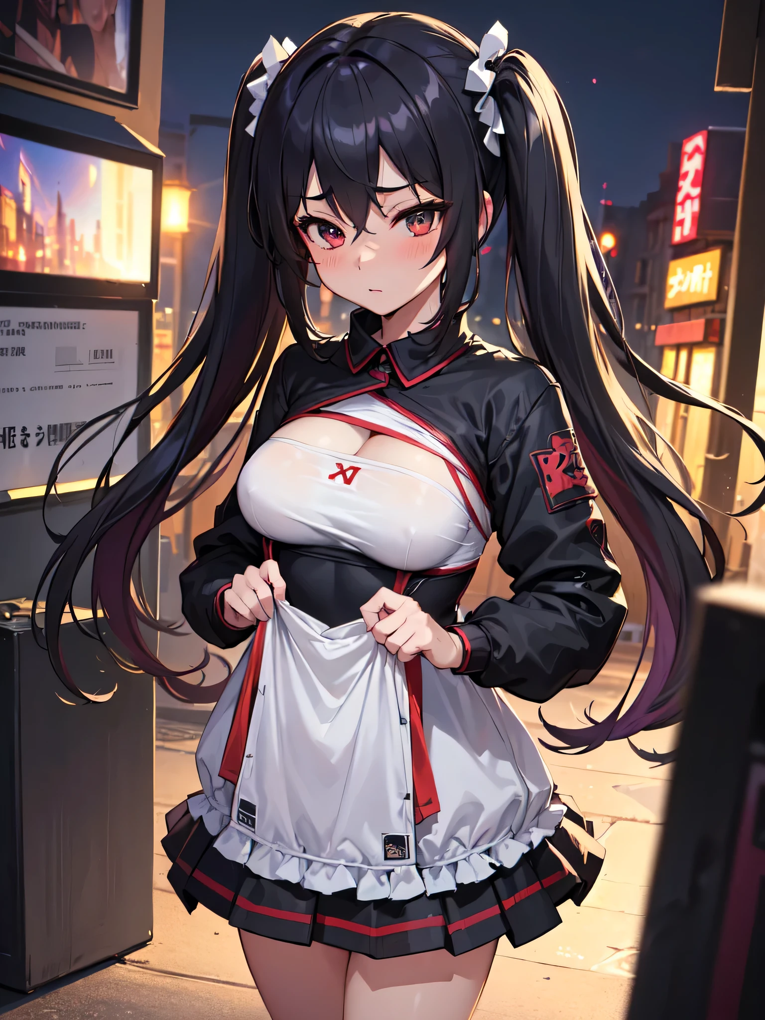 All intricate details: "(masterpiece, best quality, HuTaoV4, 1girl, solo, blush, twintails, long hair, hair between eyes, ((streetwear clothes)), city, outdoors, night, movie poster, extremely detailed 8K, fir breats, medium breasts, smooth, high resolution, ultra quality, cinematic lighting, ambient occlusion, hd, 2k, 4k, 8k, 16k, extremely detailed anime, detailed faces, perfect composition, wide shot, atmospheric lighting, very sexy, lift skirt, random low angle, uncensored, nsfw)"