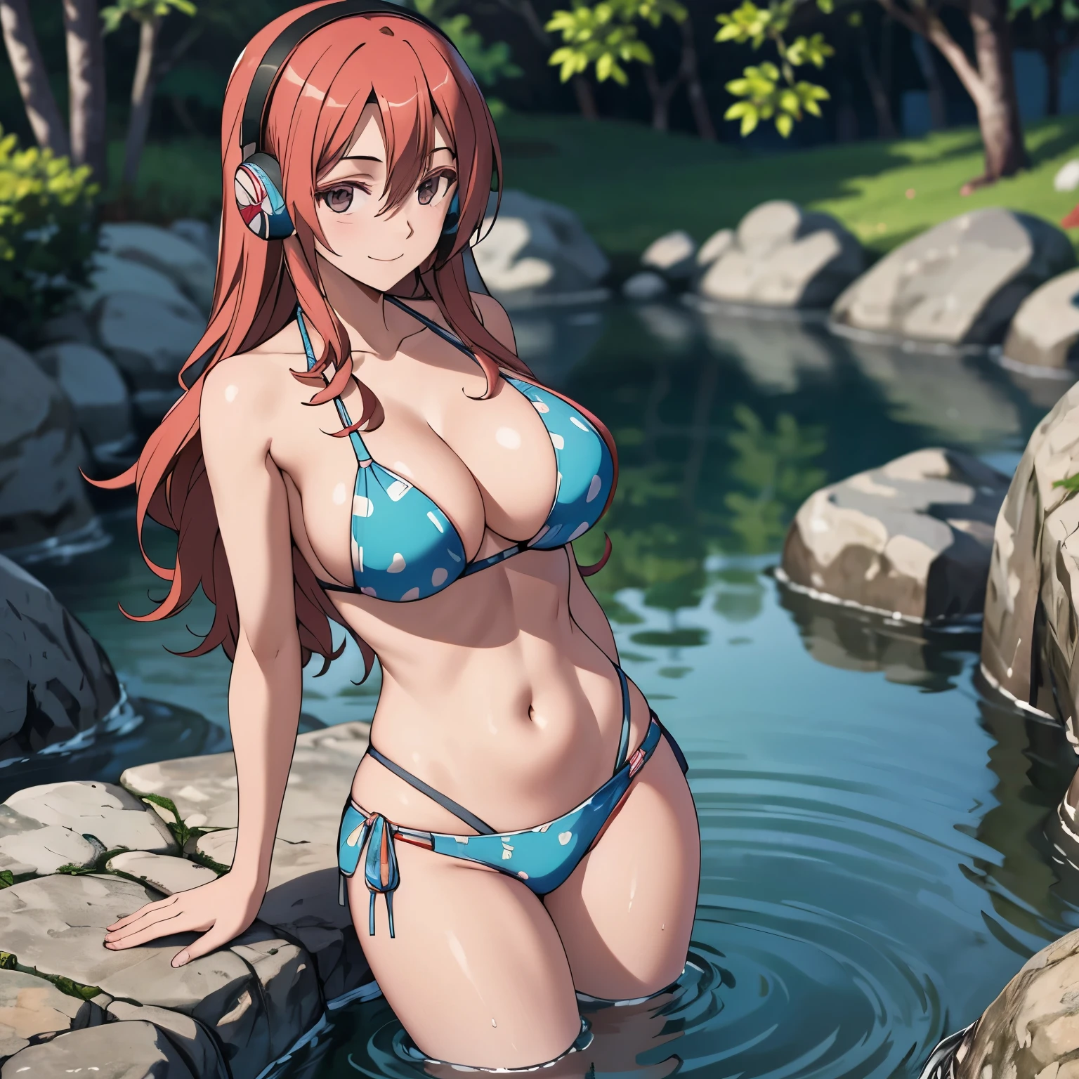 una mujer. 24 years old eyes eyes, cabello naranjo, sonrisa, headphones in your ears, pechos grandes, bikini naranjo. He is bathing in a lake, reflection in the water.. una sola mujer.