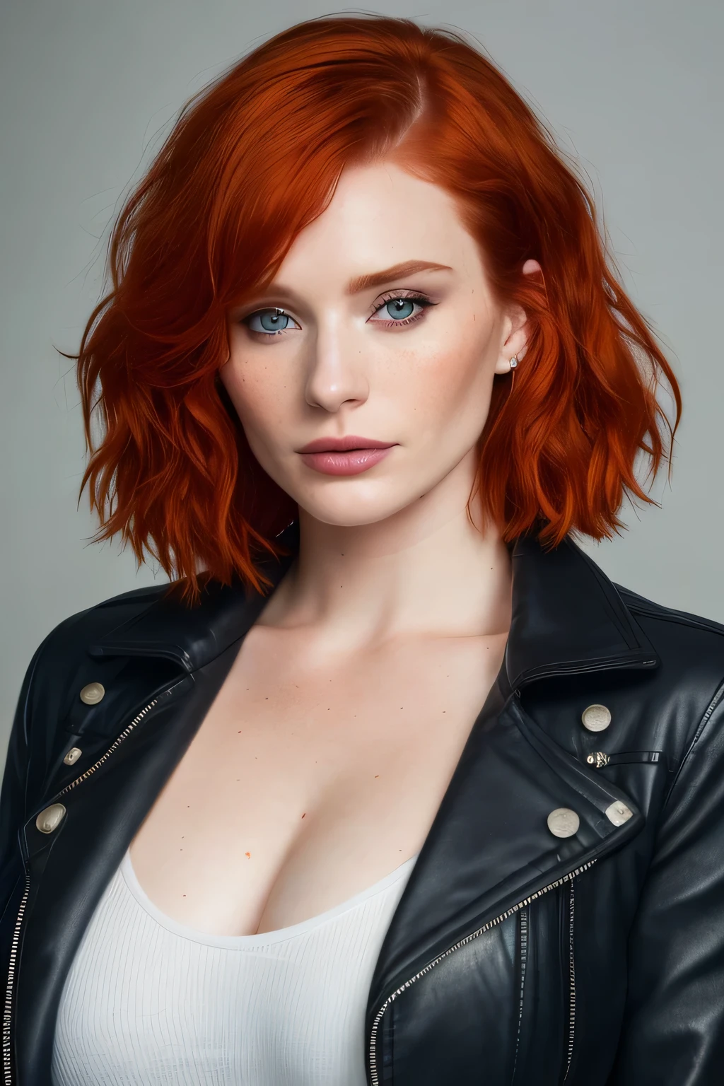 a photo of a seductive woman with loose styled ( red chanel hair:1.1), bryce dallas howard, dark blue eyes, bored, she is wearing a black leather jacket and leggings, mascara, white skin, (textured skin, skin pores:1.1), goosebumps, flawless face, (light freckles:0.9), ((photorealistic):1.1), (raw, 8k:1.3),