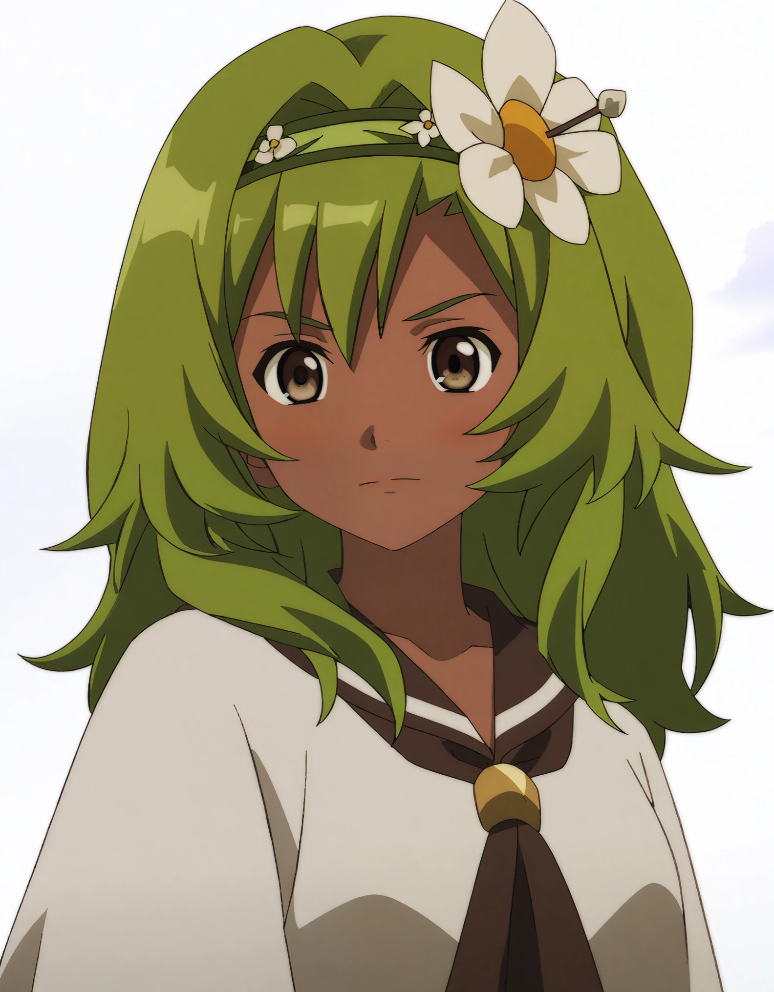 anime screenshot, looking at viewer, 1girl, amalia sheran sharm, green hair, green hairband, hair ornament, hair flower, dark skin, brown eyes,, personalami, rating:safe, white background, white_background, female,, 