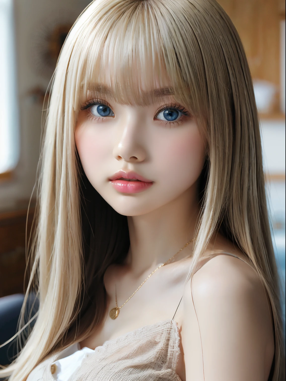 非常にbeautiful face、small face beauty、((Super long silky platinum blonde hair that sparkles with gold))、hair play、Long bangs on the face、16-year-old cute beautiful girl、white and beautiful skin、glowing skin、cheek gloss、gross face、bright, Light marine blue eyes shine、Big eyes、With a round face、beautiful face、big breasts、