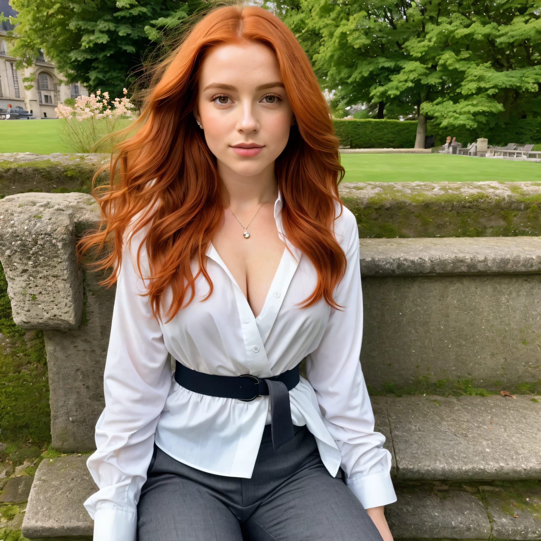 1 fille dans, 19 ans, seulement, Aesthetic work, rousse irlandaise, wavy red hair, cheveux roux mi-longs, yeux gris, yeux gris clair, quelques petites taches de rousseur, pale skin, Une tasse, gros seins, corps des coureurs, detailed skin texture, assis sur un banc de pierre, près de la fontaine de la ville, centre ville, parc, (Fond d'extremely detailed 8k screen), soft lighting, high quality, grain de film, Mise au point nette du Fujifilm XT3, f5.6, 50mm, high detail, sharpness,(natural light), top court noir à manches longues, pantalon kaki vert clair, ceinture utilitaire marron, Déguisement de Kim possible, crazy details, intricate details, super detailed
