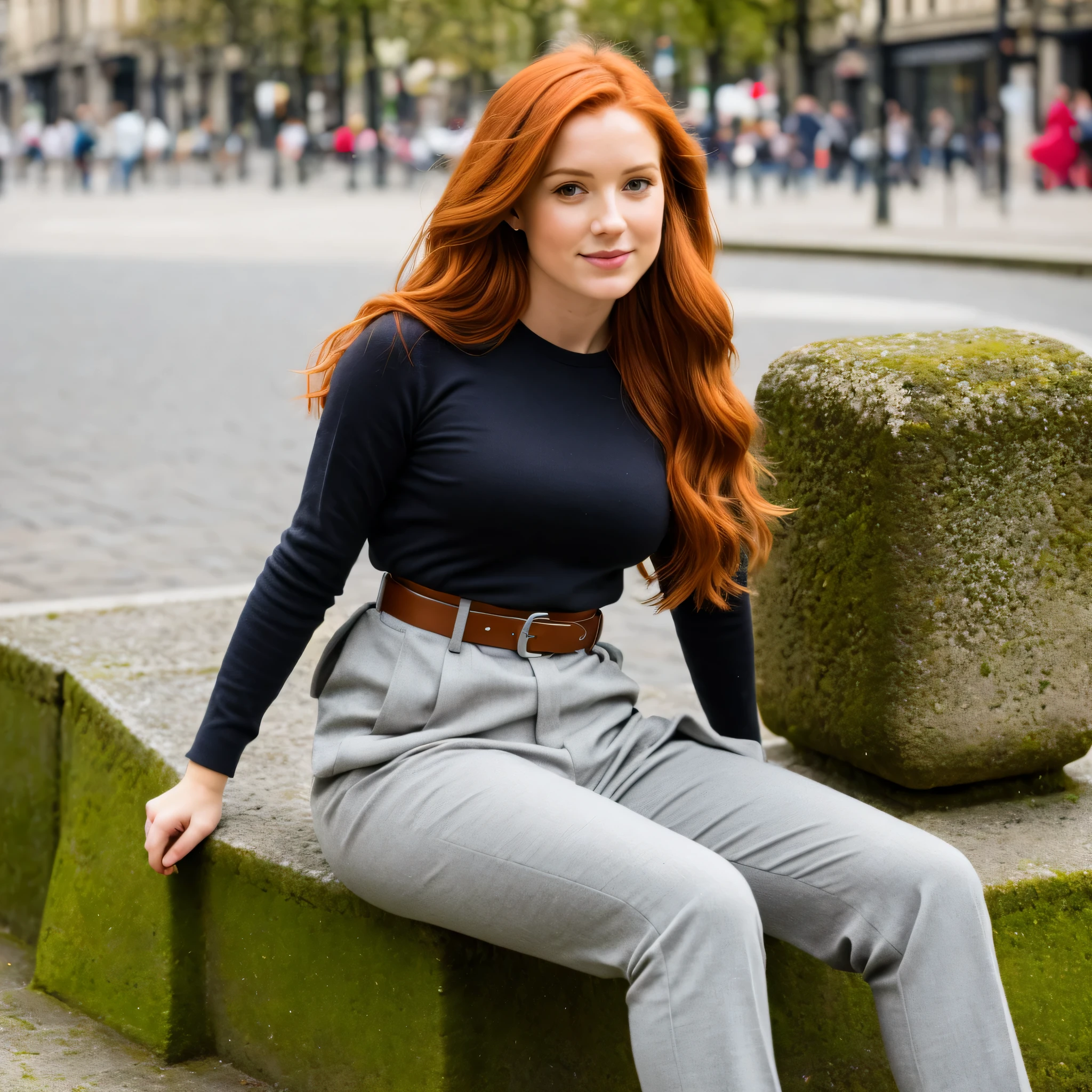1 fille dans, 25 ans, seulement, Aesthetic work, rousse irlandaise, wavy red hair, cheveux roux mi-longs, yeux gris, yeux gris clair, pale skin, Une tasse, gros seins, detailed skin texture, assis sur un banc de pierre, près de la fontaine de la ville, centre ville, parc, (Fond d'extremely detailed 8k screen), soft lighting, high quality, grain de film, Mise au point nette du Fujifilm XT3, f5.6, 50mm, high detail, sharpness,(natural light), top court noir à manches longues, pantalon kaki vert clair, ceinture utilitaire marron, Déguisement de Kim possible, crazy details, intricate details, super detailed