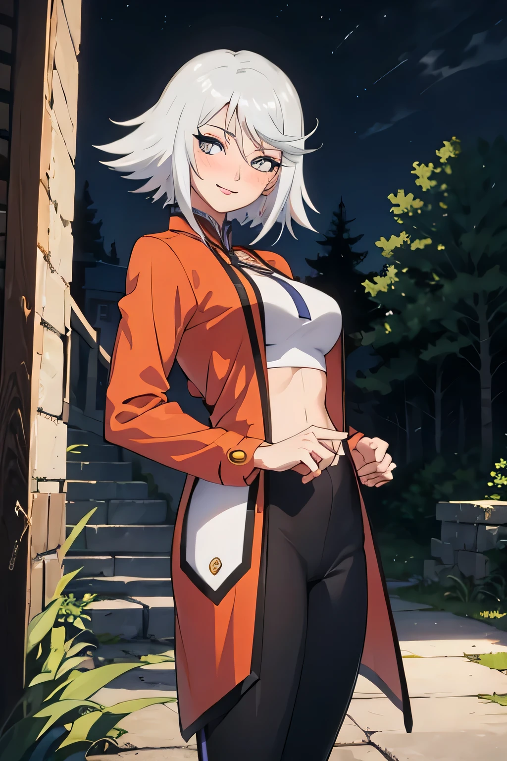 masterpiece, best quality, raine sage, orange coat, blush, medium breasts, eyelashes, 1girl, happy, white shirt, white hair, black pants, standing, white boots, wide shot, looking at viewer, forest, night, sultry smile, black jeans, black leggings