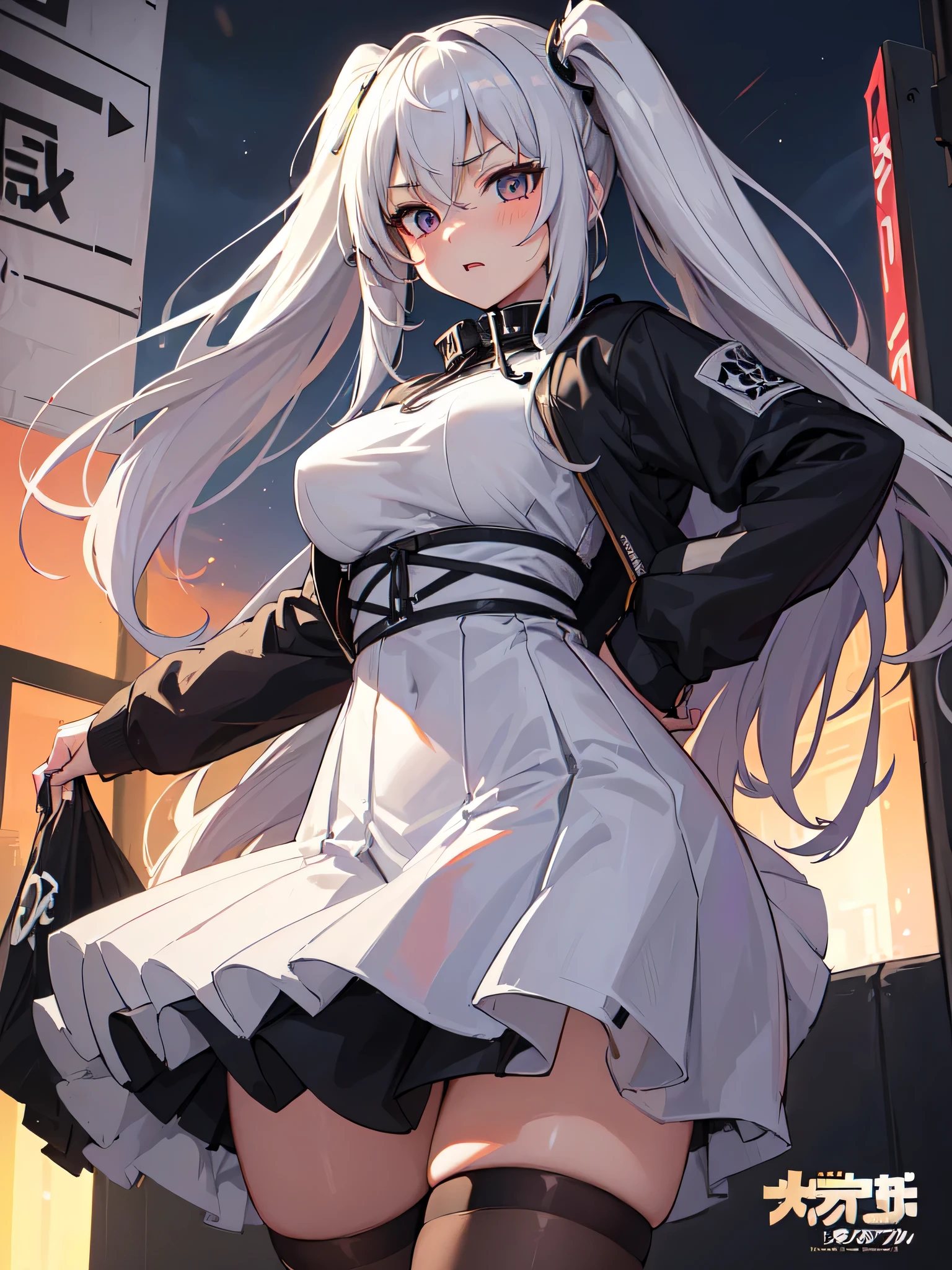 All intricate details: "(masterpiece, best quality, HuTaoV4, 1girl, solo, blush, twintails, long hair, hair between eyes, ((streetwear clothes)), city, outdoors, night, movie poster, extremely detailed 8K, fir breats, medium breasts, smooth, high resolution, ultra quality, extremely thin and light clothing transparent as air, cinematic lighting, ambient occlusion, hd, 2k, 4k, 8k, 16k, extremely detailed anime, detailed faces, perfect composition, wide shot, atmospheric lighting, very sexy, lift skirt, random low angle, uncensored, nsfw)"