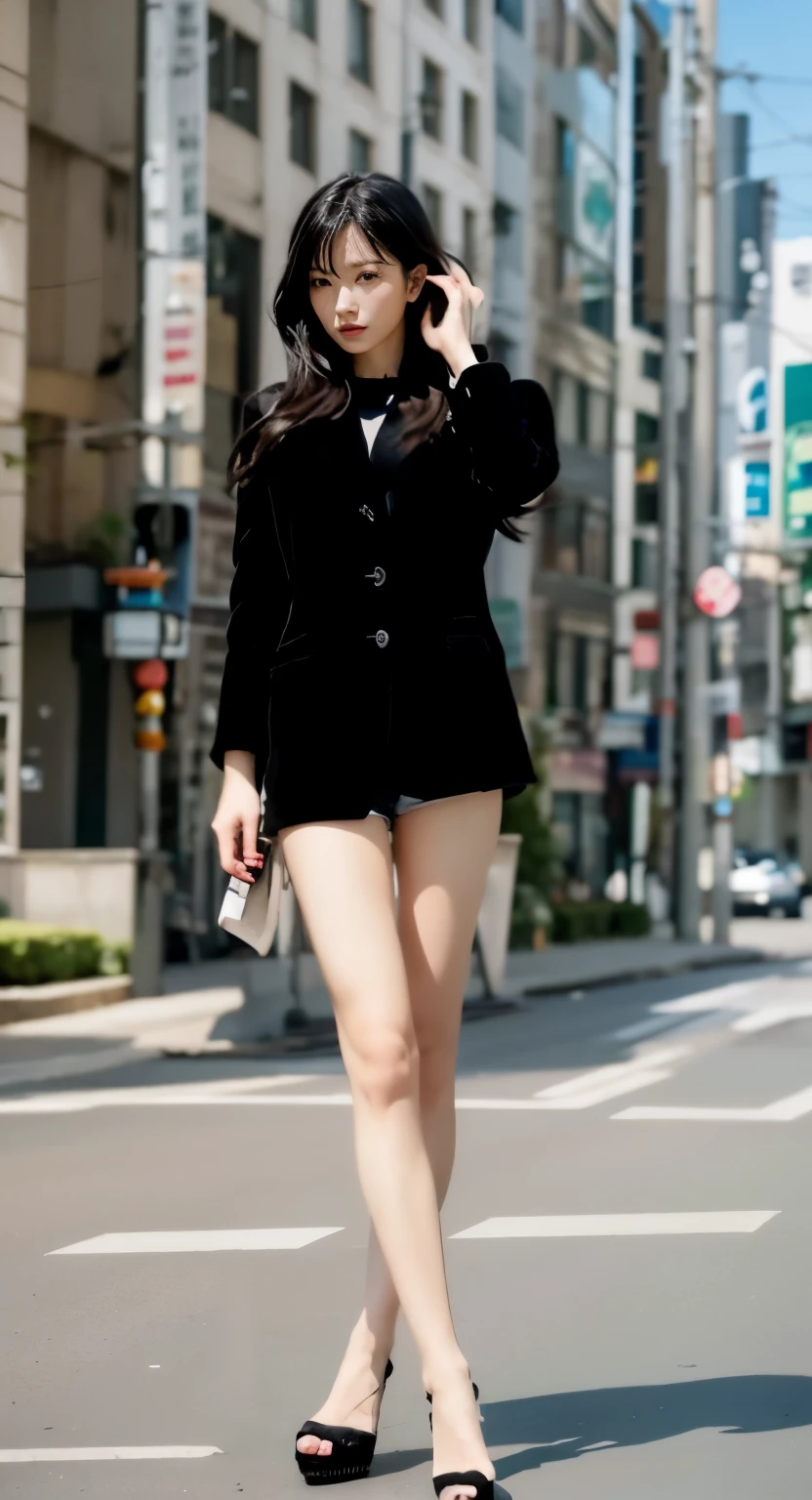 japanese woman、black long hair、beautiful face、black coat、micro shorts、tall、beautiful feet、barefoot、stiletto heelodel pose