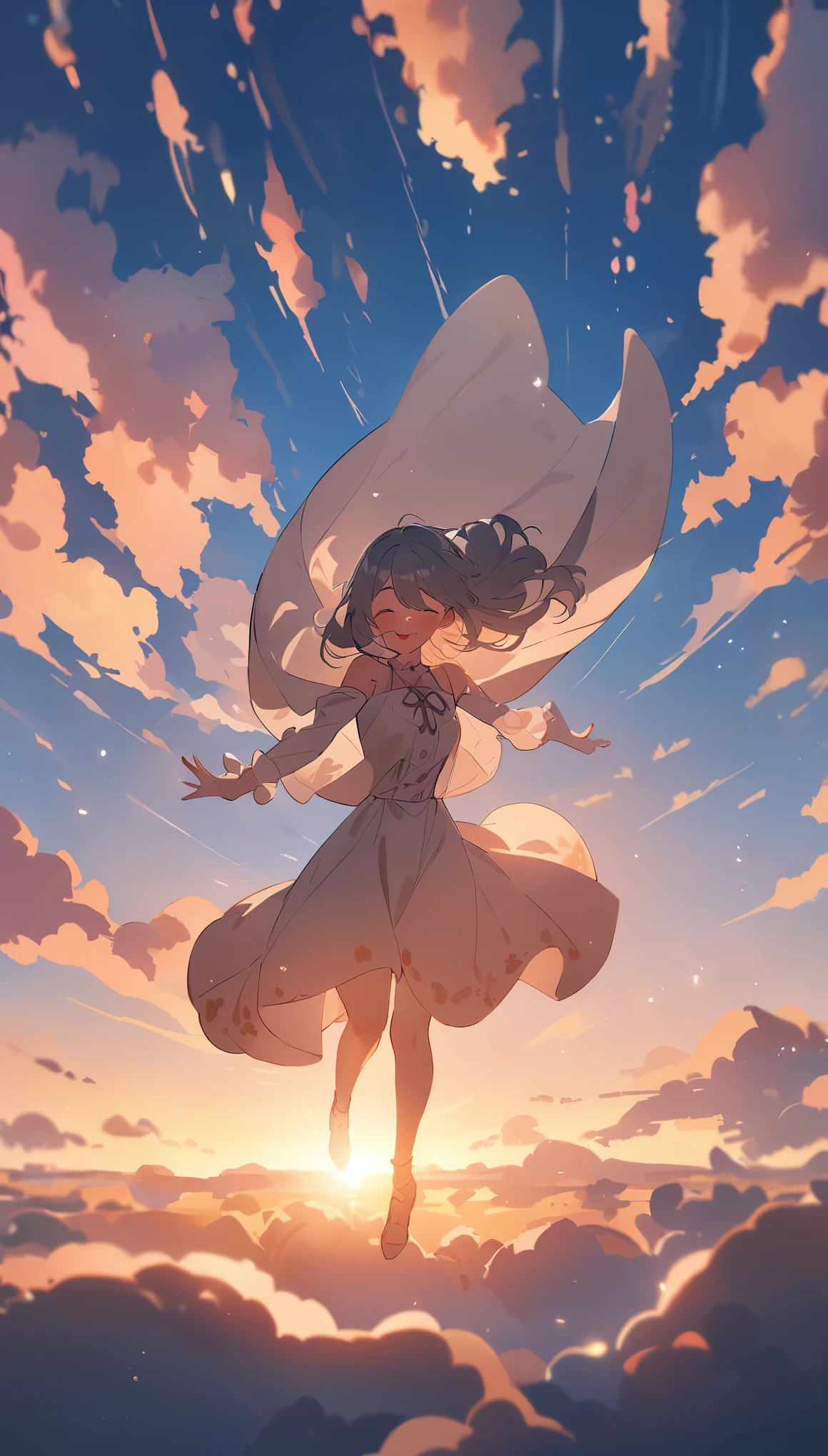 masterpiece, highest quality, movie stills, 1 girl, Cloud Girl, floating in the sky, close, bright, Happy, warm and soft lighting, sunset, (spark:0.7)