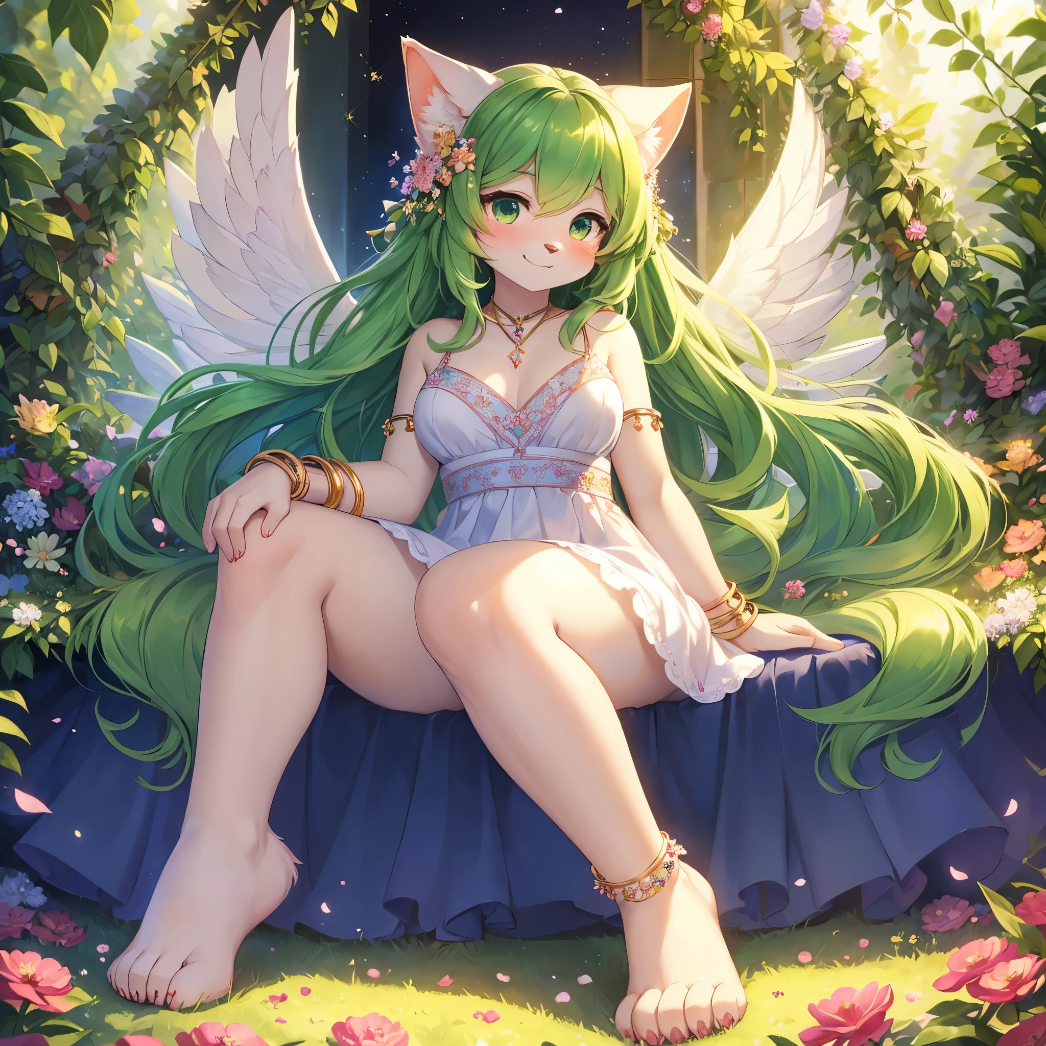 beat quality,best resolution,(fluffy anthro furry :1.3),solo,cat girl,green long hair,wavy hair,curvy hair,green cat ears,green cat tail,shiny skin,floral hair ornament,floral body ornaments,floral bracelet,floral legs bracelet,white dress with floral embroidered,see through,white angle wings,magical floral forest,flower petals in the air,sparkling crystal flower floating around girl,neautiful light,light and shadow,bare foot,panoramic view,looking at viewer,full face blush,smile,hands at chest,front view,sitting