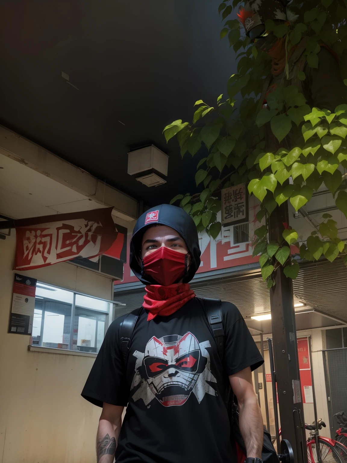 there is a man wearing a red bandana and a black shirt, wearing bandit mask, red bandana, bandana, with red haze and a massive grin, full mask, wearing facemask, with red haze, wearing mask, wearing all black mempo mask, red face, biker, the red ninja, black bandana mask, red mesh in the facede, wearing skate helmet