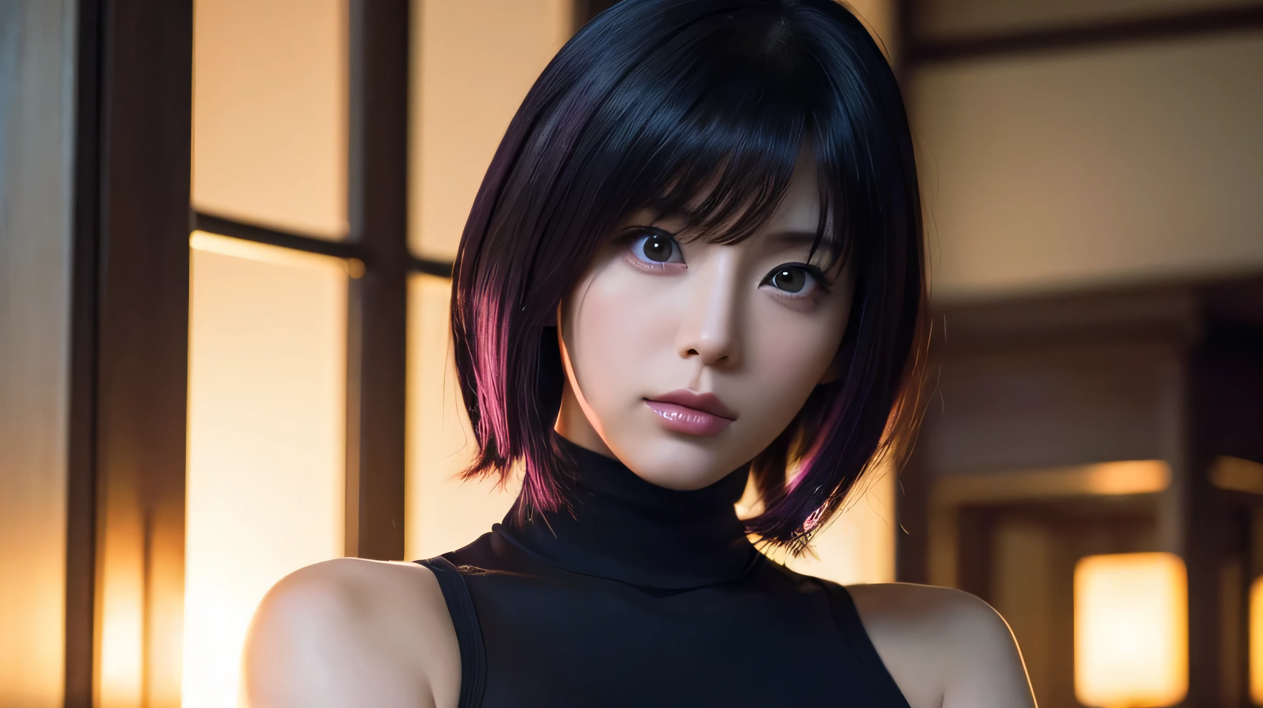 ((alone),masterpiece,highest quality,High resolution,realistic, photo realistic), (ghost in the Shell,Motoko Kusanagi,Beautiful woman,Japanese),24-years-old,black purple hair,short hair,beautiful face,plump lips,light pink lips,turtleneck,Tank top,black clothes,carbon clothing,red-purple eyes,big eyes,looking at the camera,sexy,dynamic pose,hold a gun,ruins,Backlight