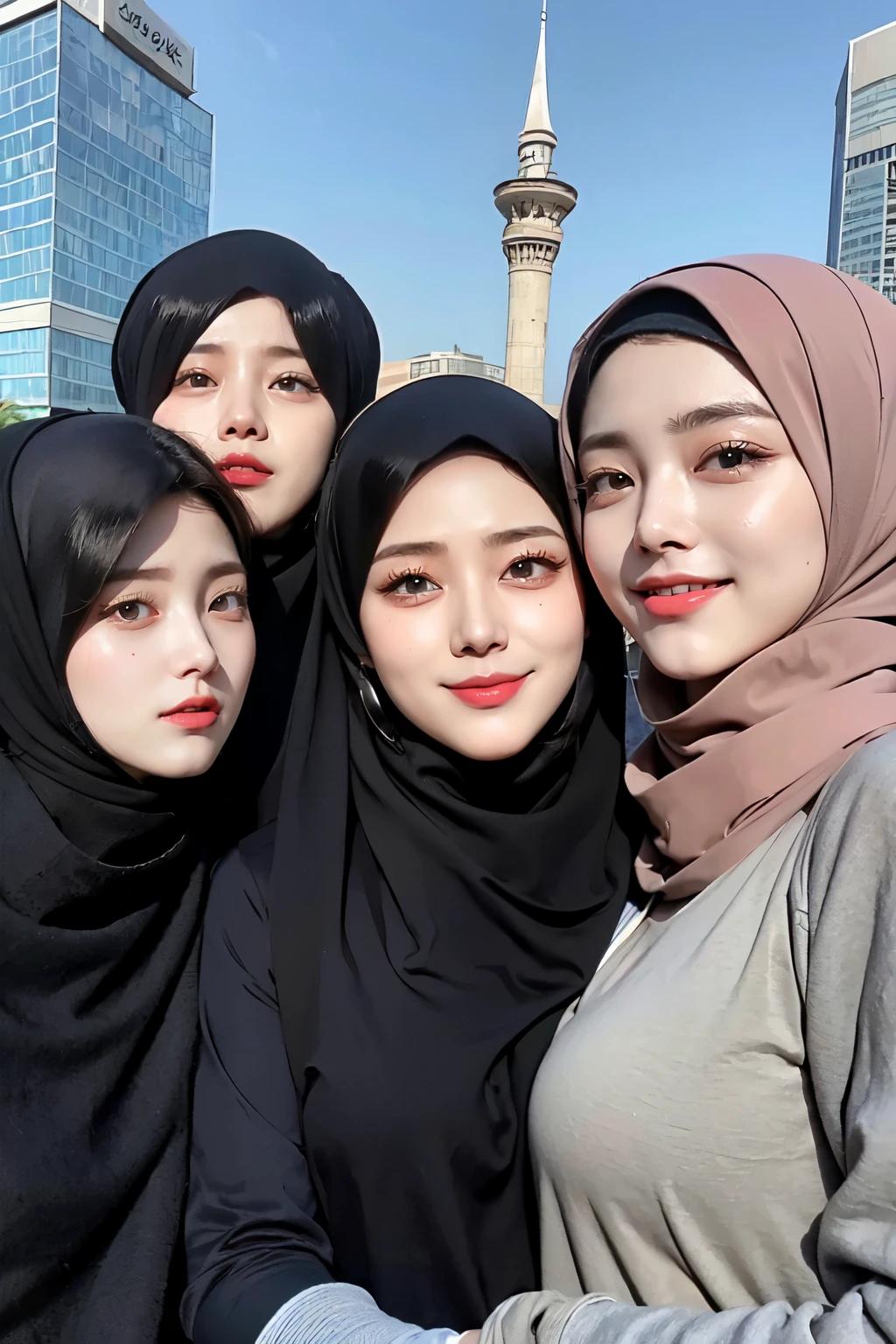 Threesome girls, wear hijabs, ((Best quality, 8k, Masterpiece :1.37), multiple people wear hijab, Big breasts:1.5, (three girl hijabs moslem), Beautiful face, Ultra-HD Face, Face Lighting, Lips laughed lightly, position:Standing, ((Take a photo from below the thigh)), close up photo, (three girls wear hijab muslim), wear hijab muslim, small pussy, hairy pussy:0.4, (small pussy), small pussy, Realistic Vagina:1:6, tall building background, (Blue sky view, :1.1), face very detailed, detailed red lips, detailed eyes, (korean eyes), double eyelids, detailed nose, detailed legs, (threesome girls wear hijab moslem)