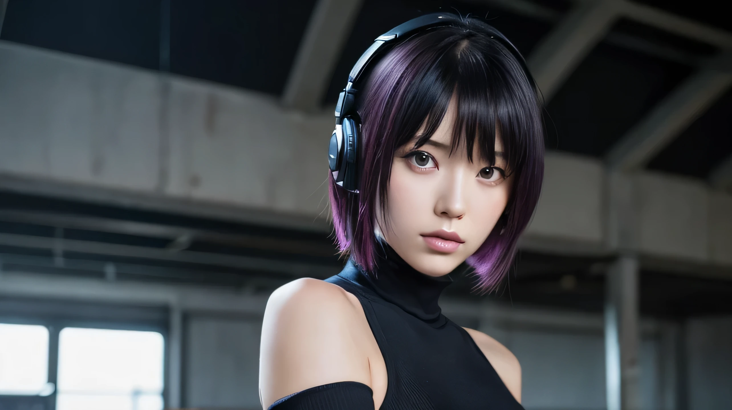 ((alone),masterpiece,highest quality,High resolution,realistic, photo realistic), (ghost in the Shell,Motoko Kusanagi,Beautiful woman,Japanese),24-years-old,black purple hair,short hair,beautiful face,plump lips,light pink lips,turtleneck,Tank top,black clothes,carbon clothing,red-purple eyes,big eyes,looking at the camera,sexy,dynamic pose,ruins,Backlight,military headphones