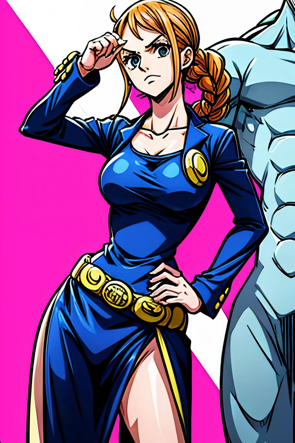 a woman dressing according to spring fashion, posing like the characters from Jojo's Bizarre Adventures or posing exaggeratedly like the models