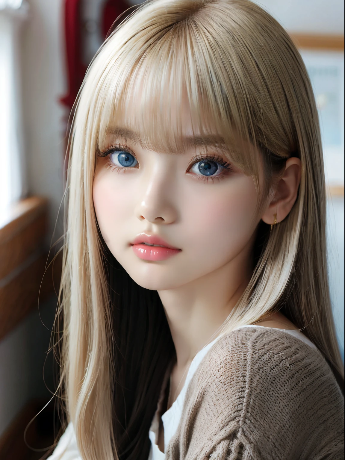 非常にbeautiful face、small face beauty、((Super long silky platinum blonde hair that sparkles with gold))、hair play、Long bangs on the face、16-year-old cute beautiful girl、white and beautiful skin、glowing skin、cheek gloss、gross face、bright, Light marine blue eyes shine、Big eyes、With a round face、beautiful face、big breasts、