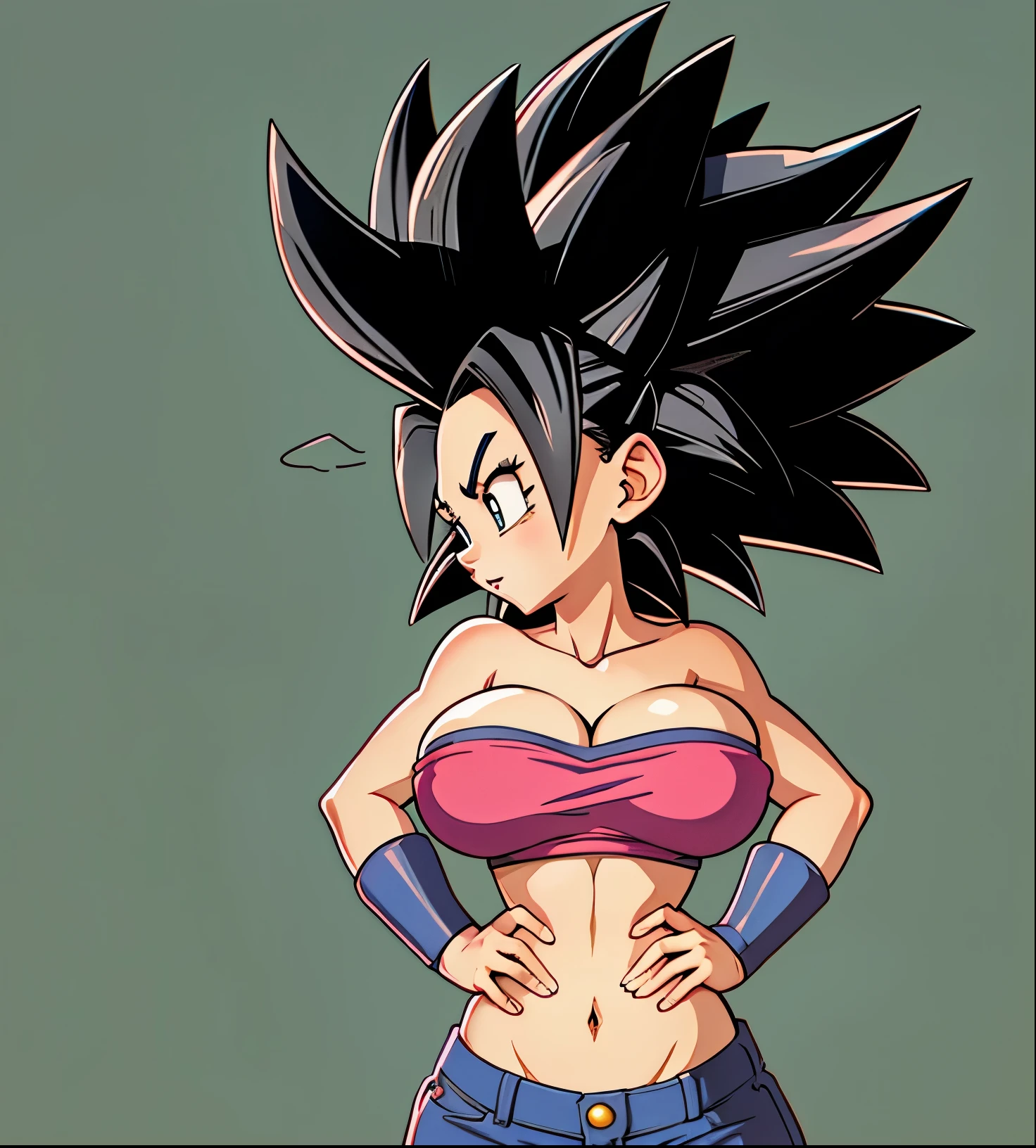 Master work, 4k resolucion,una caricatura de una mujer con un top rosa y una falda morada, chica saiyajin, goku femenino, pelo saiyajin negro salvaje, cell shadow adult animation, Estilo Akira Toriyama, inspirado en Akira Toriyama, pose rudo, cel - shading art style, akira toriyama, dragon ball art style, Dragon Ball Style, caulifla from dragon ball super, huge breast, skinny body, [detailednipples], iris black, oppai breast, perfect drawing, perfect generating. Caulifla from dragon ball super, saiyajin caulifla, covered nipples