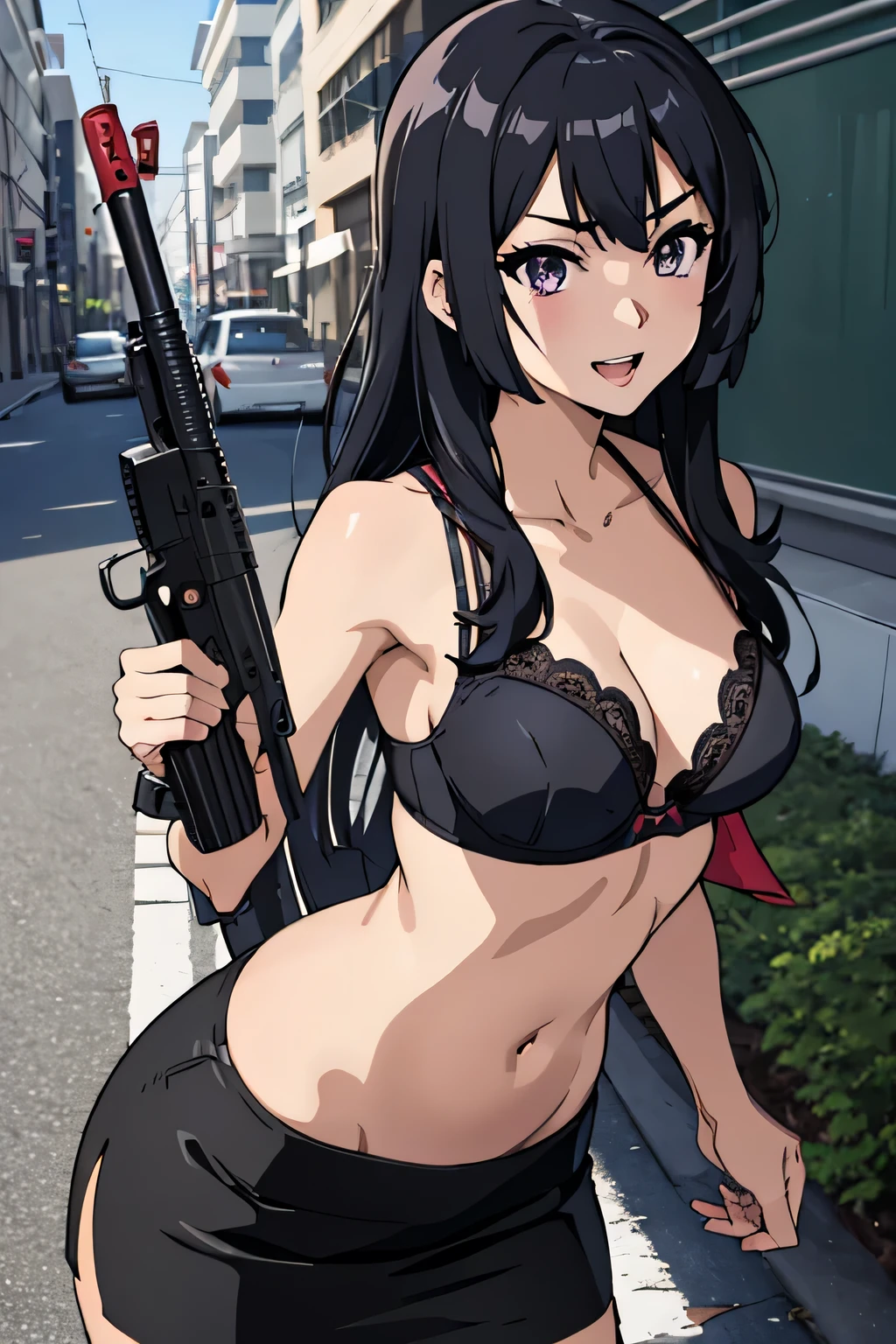 Kousaka Reine, elegant, masterpiece, best quality, highly detailed, a girls with a gun, open mouth, blazer, sexy gaze, (nsfw) not
safe for work, badass pose , evil smile, smile, black bra, anime girl with long hair, long haired girl,
navel, evil expression, exposed belly, exposed navel, exposed midriff, exposed lower belly, micro
miniskirt, micro pencil skirt, pencil skirt ,holding a gun, outdoor,street,road