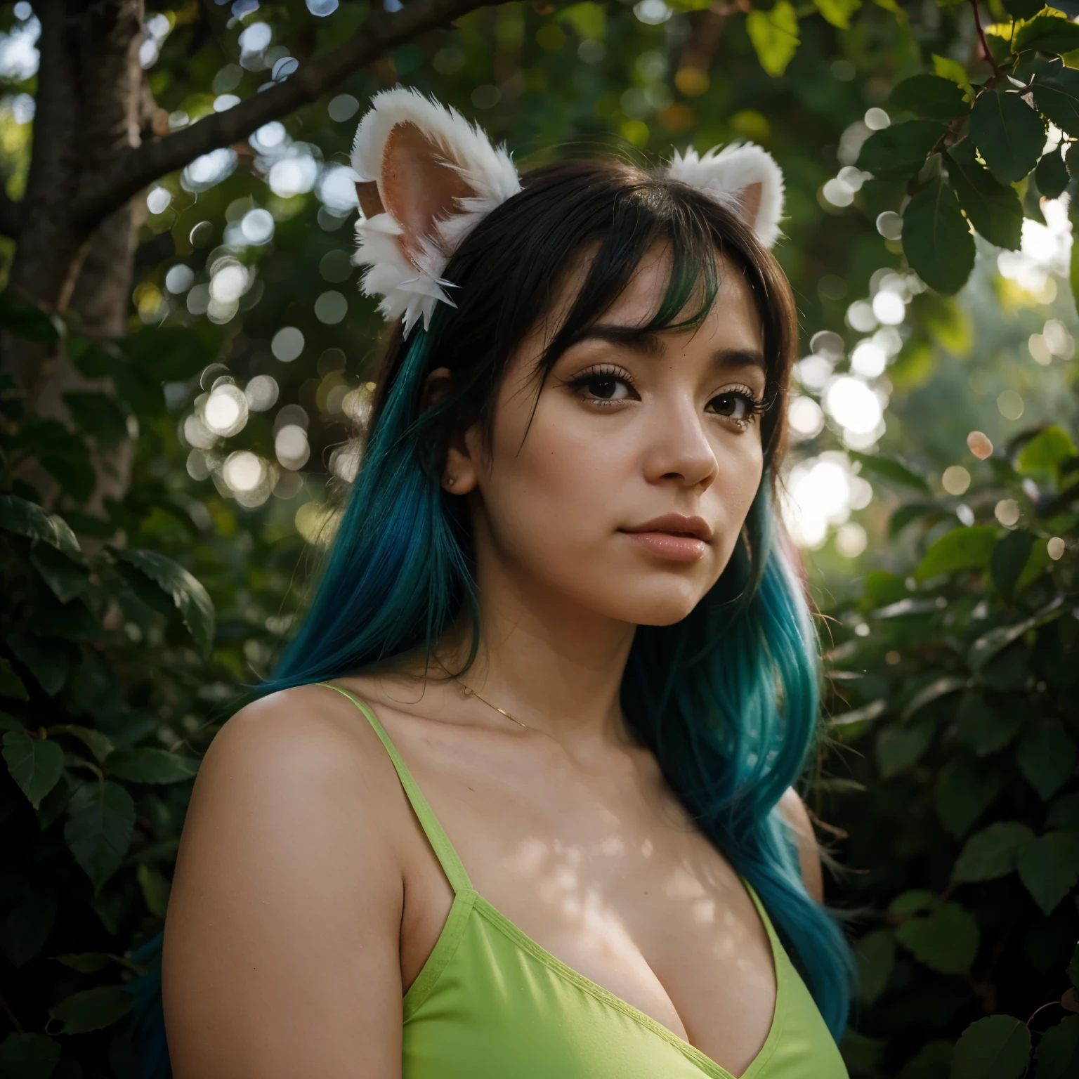 1 chica, animal_orejas, gradient, gradient_fondo, verde_fondo, mirando_en_espectador, rosa_cabello, solo de JM