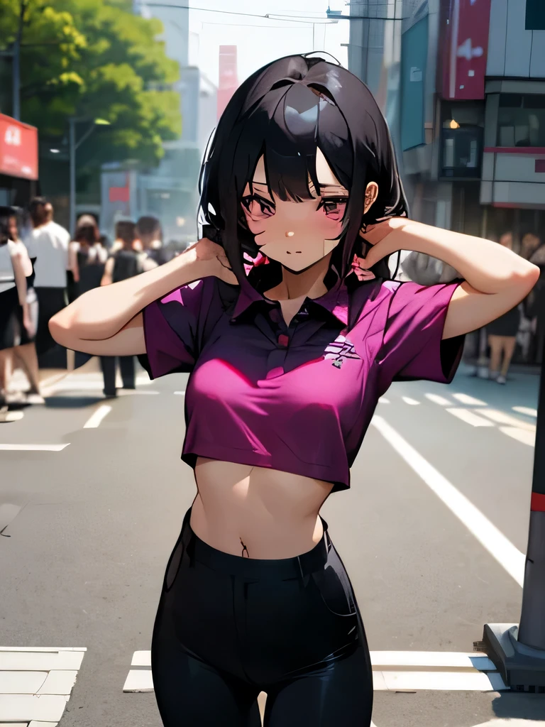 40' black bra, lower body, Japanese, very short, pubic hair, small breasts, embarrassing, Shyness, worries, Black hair, magenta polo shirt, short sleeves, arms (a large crowd gathers)、(Black pants on the streets of Tokyo