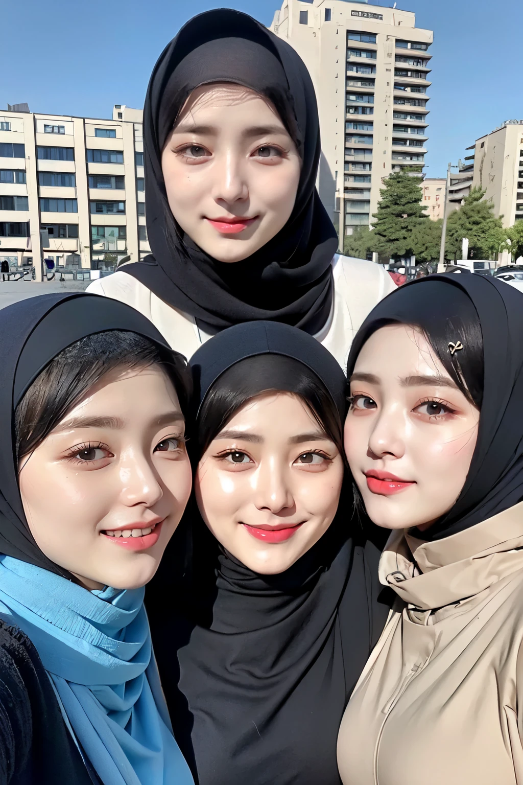 Threesome girls, wear hijabs, ((Best quality, 8k, Masterpiece :1.37), multiple people wear hijab, Big breasts:1.5, (three girl hijabs moslem), Beautiful face, Ultra-HD Face, Face Lighting, Lips laughed lightly, position:Standing, ((Take a photo from below the thigh)), close up photo, (three girls wear hijab muslim), wear hijab muslim, small pussy, hairy pussy:0.4, (small pussy), small pussy, Realistic Vagina:1:6, tall building background, (Blue sky view, :1.1), face very detailed, detailed red lips, detailed eyes, (korean eyes), double eyelids, detailed nose, detailed legs, (threesome girls wear hijab moslem)