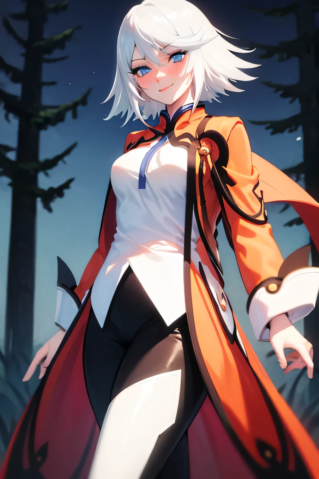 masterpiece, best quality, raine sage, orange coat, blush, medium breasts, eyelashes, 1girl, happy, white shirt, white hair, black pants, standing, white boots, wide shot, looking at viewer, forest, night, sultry look, sultry smile, black pants, black jeans, black leggings, blue eyes